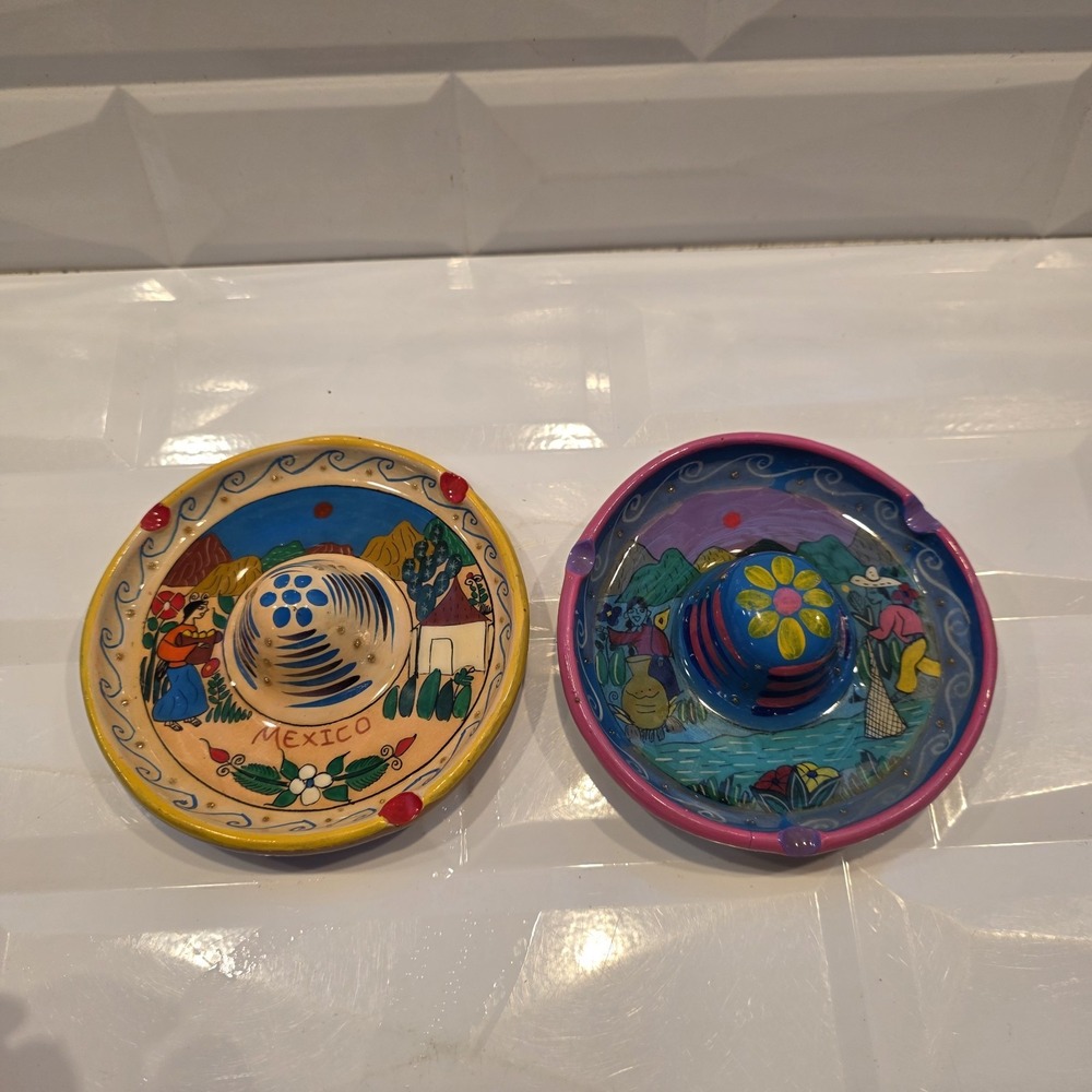 2-Sombrero Ashtray Mexico Hand Painted Clay Pottery Mexico Trinket Dish Tiki Bar